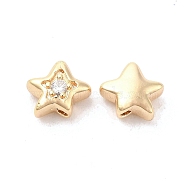 Brass Cubic Zirconia Beads, Star, Real 18K Gold Plated, Clear, 7x8x4mm, Hole: 1mm(KK-Q773-01G-06)