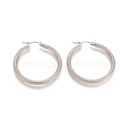 201 Stainless Steel Geometric Hoop Earrings, with 304 Stainless Steel Pins, Hypoallergenic Earrings, Textured, Ring, Stainless Steel Color, 35~36x3mm, 9 Gauge, Pin: 1x0.6mm(STAS-D171-12A-P)
