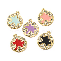 Alloy Enamel Pendants, with Rhinestone, Long-Lasting Plated, Flat Round with Puzzle Charm, Mixed Color, 19.5x16.5x2mm, Hole: 1.6mm(ENAM-K069-32G)