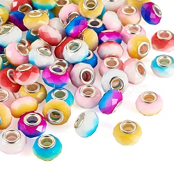 Pandahall 70Pcs 7 Colors Glass European Beads, Large Hole Beads, with Silver Tone Brass Double Cores, Faceted Rondelle, Mixed Color, 14x9mm, Hole: 5mm, 10pcs/color(GPDL-TA0001-03)