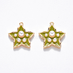 Brass Enamel Pendants, with ABS Plastic Imitation Pearl, Nickel Free, Star, Real 18K Gold Plated, Yellow Green, 15.5x14.5x4mm, Hole: 1mm(KK-T049-056G-04-NF)