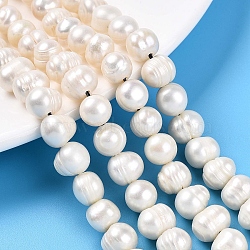 Natural Cultured Freshwater Pearl Beads Strands, Grooved Potato, Creamy White, 7.5~9x7~11mm, Hole: 1~1.2mm, about 38~40pcs/strand, 12.99~13.39 inch(33~34cm)(PEAR-L001-C-08-01)