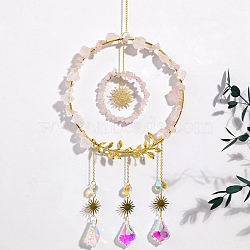 Wire Wrapped Natural Rose Quartz Chips Ring Pendant Decoration, Hanging Suncatchers, with Metal Sun Link and Glass Leaf Charm, for Home Decoration, 440mm(PW-WG97557-01)