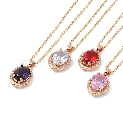 304 Stainless Steel Cable Chain Necklaces, Brass with Cubic Zirconia Pendant Necklaces, Light Gold, Oval, Mixed Color, 15.75 inch(400mm)(NJEW-P309-03G)