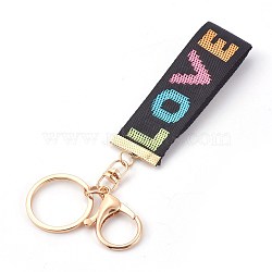 Nylon Keychain, with Alloy Lobster Claw Clasps, Iron Key Ring and Chain, Golden, Black, 144~153mm(KEYC-L018-J01-G)