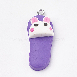 Handmade Polymer Clay Pendants, with Iron Findings, Slipper with Rabbit, Platinum, Blue Violet, 34~35x14x11mm, Hole: 2mm(X-CLAY-T012-24)