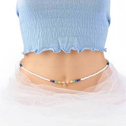 Glass Seed & Cat Eye Waist Beads, Brass Evil Eye Charm Belly Chains for Women, White, 31.69 inch(80.5cm)(NJEW-C00030-01)