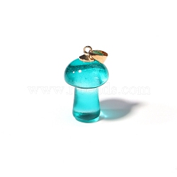 Lampwork Pendants, Mushroom Charms, Golden, Dark Turquoise, 25x15mm(MUSH-PW0001-007I)