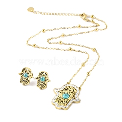 Synthetic Turquoise Stud Earrings & Pendant Necklaces Sets, 304 Stainless Steel Rhinestone Jewelry Sets for Women, Hamsa Hand, 400mm(SJEW-M100-02E-G)