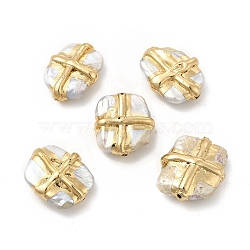 Natural Keshi Pearl Beads, with Brass Cross Findings, Baroque Pearls, Rectangle Bead, Light Gold, 20~22x16~19x7~8mm, Hole: 1mm(PEAR-P004-70KCG)