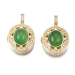 Brass Micro Pave Clear Cubic Zirconia Locket Pendants, with Green Glass Imitation Cat Eye, Hollow Oval, Real 18K Gold Plated, 31x20x12mm, Hole: 2.5mm(KK-N238-029)