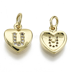Brass Micro Pave Clear Cubic Zirconia Charms, with Jump Ring, Heart with Letter, Real 16K Gold Plated, Nickel Free, Letter.U, 10x9x2mm, Jump Ring: 5x1mm, 3mm inner diameter(KK-N227-34U-NF)
