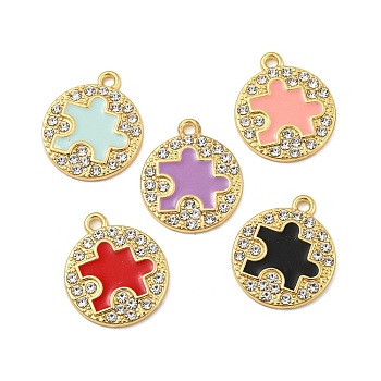 Alloy Enamel Pendants, with Rhinestone, Long-Lasting Plated, Flat Round with Puzzle Charm, Mixed Color, 19.5x16.5x2mm, Hole: 1.6mm