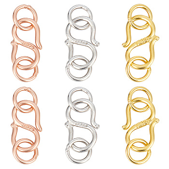 6Pcs 3 Colors 925 Sterling Silver S-Hook Clasps, Connector Components for Jewelry Making, with 925 Stamp, Mixed Color, 10x6.5x1.7mm, 2pcs/color