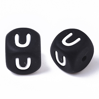 Food Grade Eco-Friendly Silicone Beads, Horizontal Hole, Chewing Beads For Teethers, DIY Nursing Necklaces Making, Cube, Black, Letter.U, 12x12x12mm, Hole: 2mm
