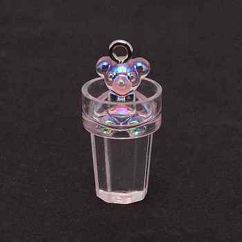 AB Color Plastic Pendants, with Platinum Tone Iron Loops, Imitation Food, Bubble Tea with Bear, Pink, 26.5x12.7mm, Hole: 2mm