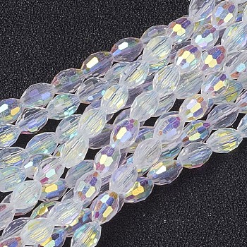 Electroplate Glass Beads Strands, AB Color Plated, Faceted Oval, White, 6x4mm, Hole: 1mm, about 67~68pcs/strand