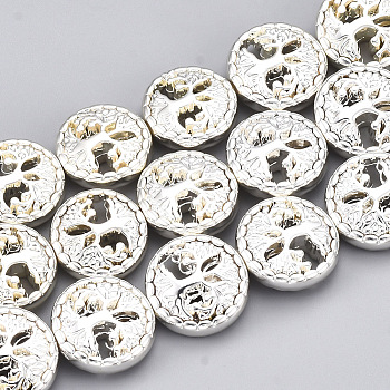 Electroplate Non-magnetic Synthetic Hematite Beads Strands, Flat Round with Tree of Life, Silver Plated, 12~13x4.5mm, Hole: 1mm, about 33pcs/strand, 15.9 inch