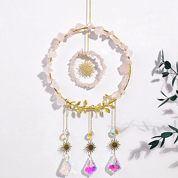 Wire Wrapped Natural Rose Quartz Chips Ring Pendant Decoration, Hanging Suncatchers, with Metal Sun Link and Glass Leaf Charm, for Home Decoration, 440mm