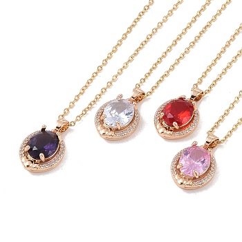 304 Stainless Steel Cable Chain Necklaces, Brass with Cubic Zirconia Pendant Necklaces, Real 18K Gold Plated, Oval, Mixed Color, 15.75 inch(400mm)