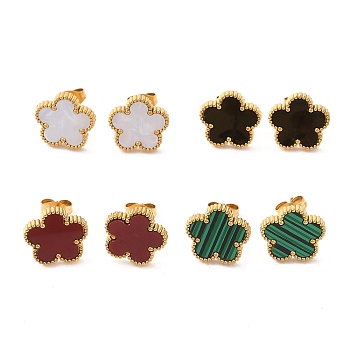 Flower Golden 304 Stainless Steel Stud Earrings, with Resin, Mixed Color, 13x13mm