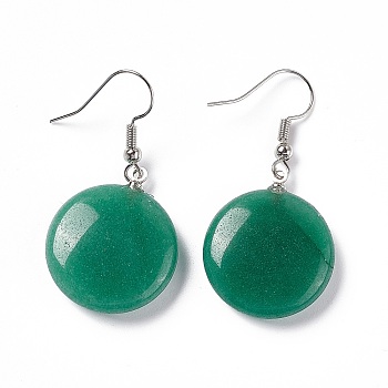 Natural Green Aventurine Flat Round Dangle Earrings, Platinum Brass Jewelry for Women, 42mm, Pin: 0.7mm