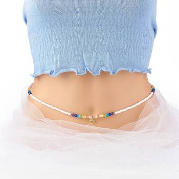 Glass Seed & Cat Eye Waist Beads, Brass Evil Eye Charm Belly Chains for Women, White, 31.69 inch(80.5cm)