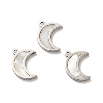 304 Stainless Steel Pendants, Crescent Moon Charms, with Shell, Stainless Steel Color, 16x13x2mm, Hole: 1.4mm
