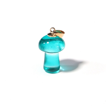 Lampwork Pendants, Mushroom Charms, Golden, Dark Turquoise, 25x15mm