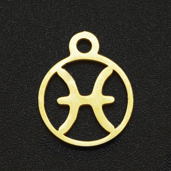 201 Stainless Steel Charms, Flat Round with Constellation, Golden, Pisces, 13.4x10.8x1mm, Hole: 1.5mm