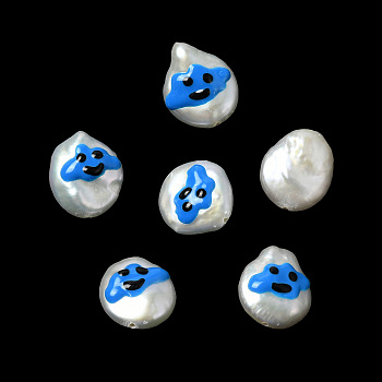 Baroque Natural Keshi Pearl Beads, with Enamel, Freshwater Pearl, Oval, Dodger Blue, 11~14x10.5~12x5~6.5mm, Hole: 0.6mm