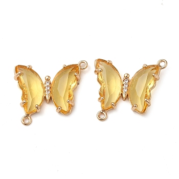 Brass Pave Faceted Glass Connector Charms, Golden Tone Butterfly Links, Gold, 20x22x5mm, Hole: 1.2mm