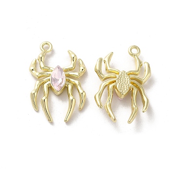 Glass Spider Pendant, with Light Gold Alloy Findings, Lead Free & Cadmium Free, Misty Rose, 25.5x17x4.5mm, Hole: 1.6mm