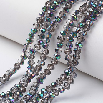 Electroplate Transparent Glass Beads Strands, Half Multi-color Plated, Faceted, Rondelle, Silver, 4x3mm, Hole: 0.4mm, about 113~115pcs/strand, 41~42cm