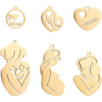 PandaHall Elite 6Pcs 6 Style 304 Stainless Steel Pendants, Heart & Pregnant Woman & Mother & Child, for Mother's Day, Real 18K Gold Plated, 17.5~46x15.5~25x1~1.5mm, Hole: 1.4~2mm, 1pc/style