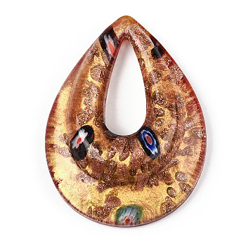 Handmade Gold Sand Lampwork Big Pendants, Inside Millefiori Glass, Teardrop, Crimson, 52.5x39x12mm, Hole: 25x10mm