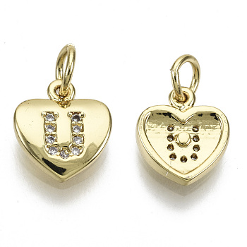 Brass Micro Pave Clear Cubic Zirconia Charms, with Jump Ring, Heart with Letter, Real 16K Gold Plated, Nickel Free, Letter.U, 10x9x2mm, Jump Ring: 5x1mm, 3mm inner diameter