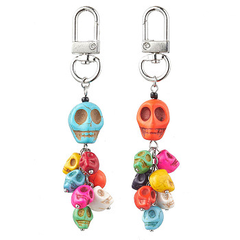 Halloween Skull Dyed Synthetic Turquoise Pendant Decorations, Swivel Clasps Ornaments for Bag Key Chain, Mixed Color, 90mm
