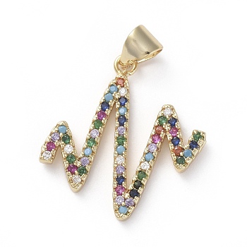 Brass Micro Pave Cubic Zirconia Pendants, Heartbeat, Colorful, Golden, 22x20x2mm, Hole: 3x4mm