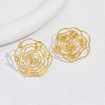 Brass Stud Earrings, Flower with Butterfly, Real 18K Gold Plated, 40mm