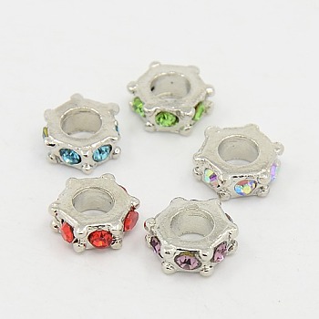 Hexagon Platinum Tone Alloy Rhinestone European Beads, Large Hole Beads, Mixed Color, 10.5x5.5mm, Hole: 4.5mm