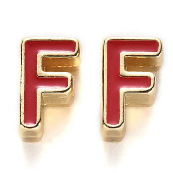Rack Plating Alloy Enamel Beads, Cadmium Free & Nickel Free & Lead Free, Light Gold, Red, Letter.F, F: 10x6.5x5mm, Hole: 1.6mm
