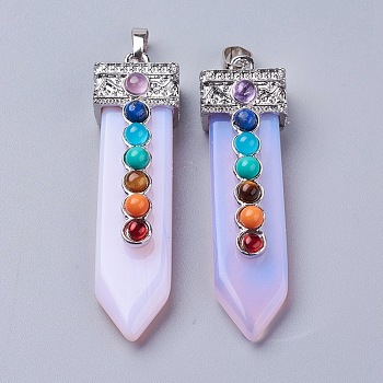 Opalite with Synthetic & Natural Mixed Stone Chakra Big Pendants, Sword, Platinum, 57~60x16.5x12mm, Hole: 5mm