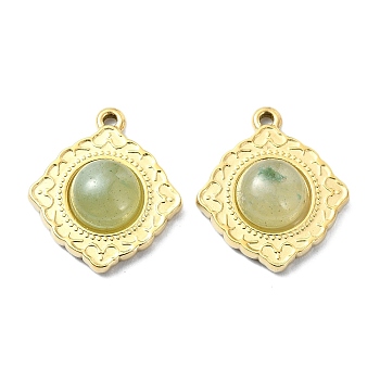 Natural Green Aventurine Rhombus Pendants, 304 Stainless Steel Charms, Real 14K Gold Plated, 20x17.5x6mm, Hole: 1.5mm