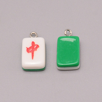 Resin Pendants, with Iron Finding, Imitation Mahjong Tiles, Green, Rectangle, Red Dragon, 19.5~20.5x11.5x7~7.5mm, Hole: 2mm