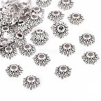 Tibetan Style Bead Caps, Lead Free & Nickel Free & Cadmium Free, Flower, Antique Silver, about 8mm long, 2.5mm thick, hole: 2mm(LFH10352Y-NF)