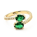 Green Cubic Zirconia Teardrop Open Cuff Ring, Brass Jewelry for Women, Cadmium Free & Lead Free, Real 18K Gold Plated, US Size 6 3/4(17.1mm)(KK-D080-02G)