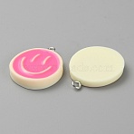 Opaque Resin Enamel Pendants, Smiling Face Print Flat Round Charms with Platinum Plated Iron Loops, Pearl Pink, 27~28x23x3.5~4.5mm, Hole: 2mm(RESI-WH0036-20B)