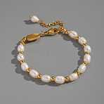Natural Freshwater Pearl & Stainless Steel Beaded Bracelets for Women, PVD Vacuum Plating, Real 18K Gold Plated, 6-7/8 inch(17.5cm)(XK1851)