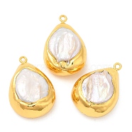 Golden Plated Brass Pendants, Baroque Style Natural Keshi Pearl Teardrop Charms, Long-Lasting Plated, Seashell Color, 32.5~33x22~22.5x13~13.5mm, Hole: 1.8mm(KK-M251-19G)